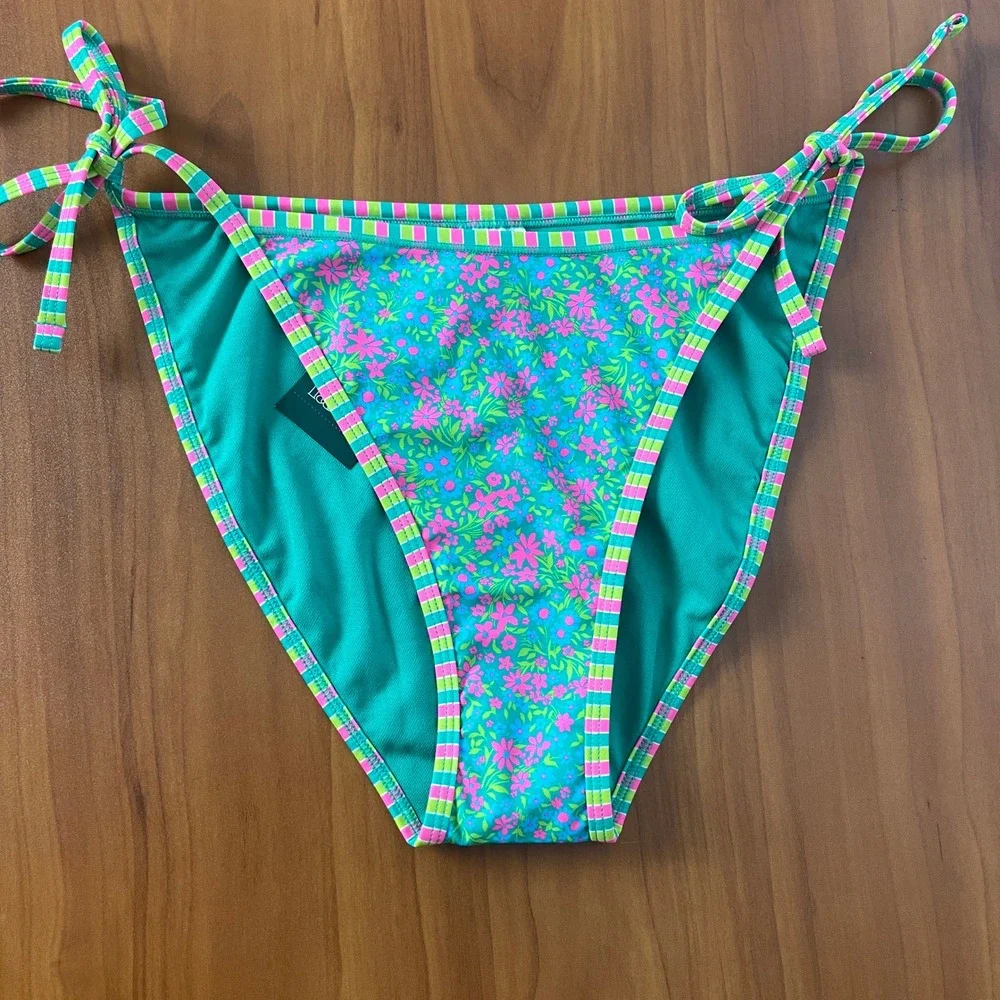 Wild Fable Floral Green Bikini Bottom High Leg Stripe Side Tie Low Rise Cheeky M